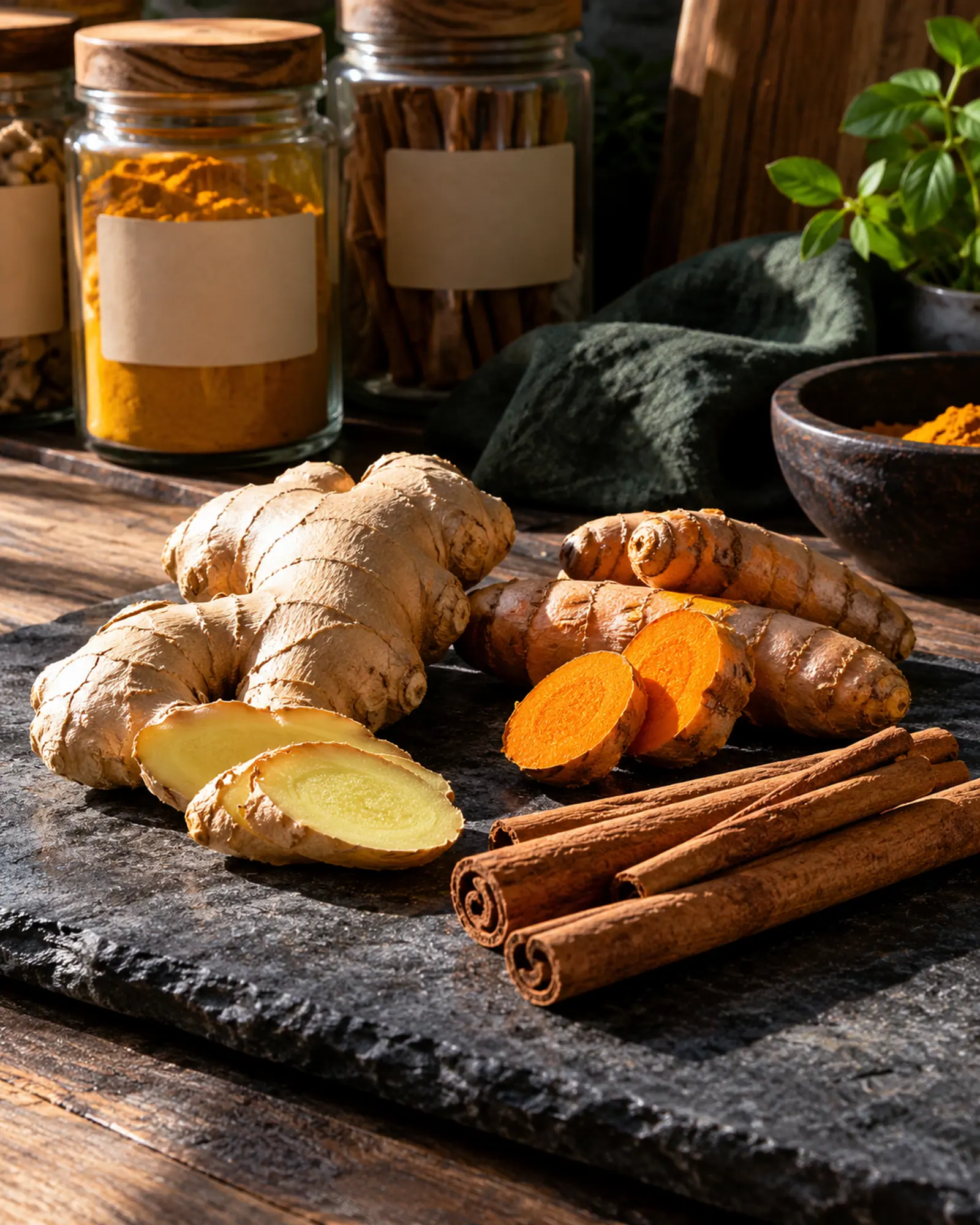 Imbir, kurkuma w korzeniu i laska cynamonu na ciemnym kamieniu